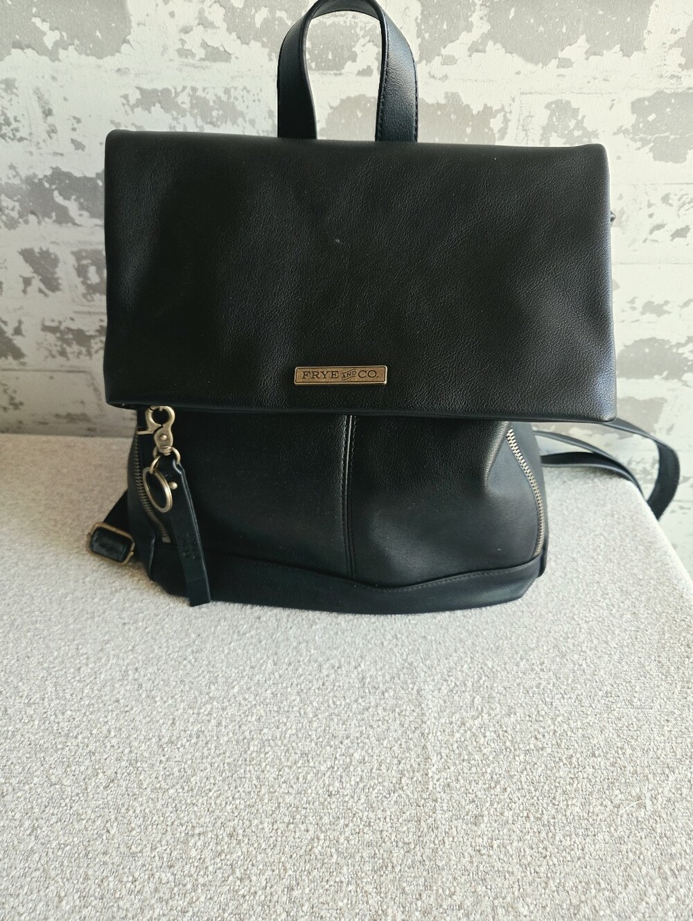 Frye & Co. Black Faux Leather Foldover Flap Backpack Purse